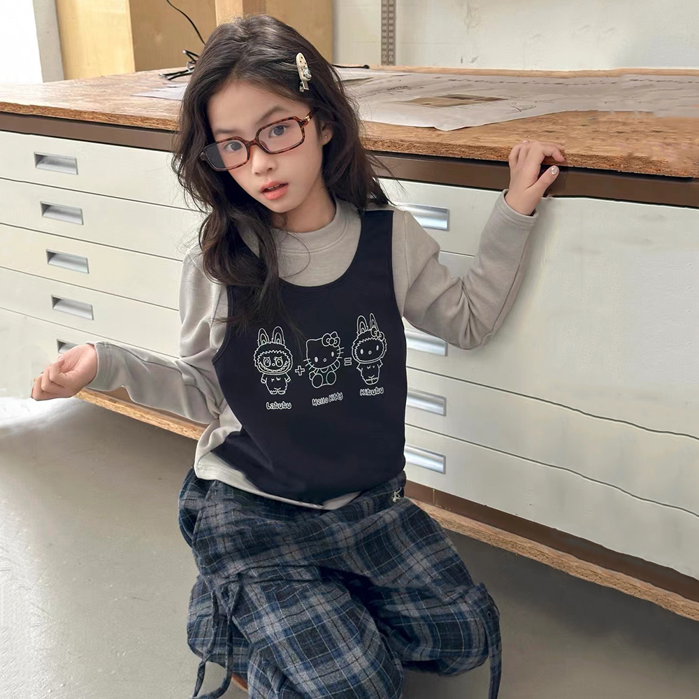 女童洋气假两件磨毛拼接长袖T恤