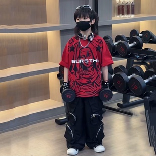 男女童街舞大嘻哈上衣表演服青少年大童Hiphop短袖T恤潮酷亲子装