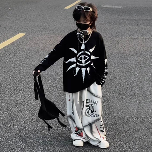 秋冬男女童美式高街潮酷克苏鲁之眼印花套头卫衣街舞宽松长袖T恤