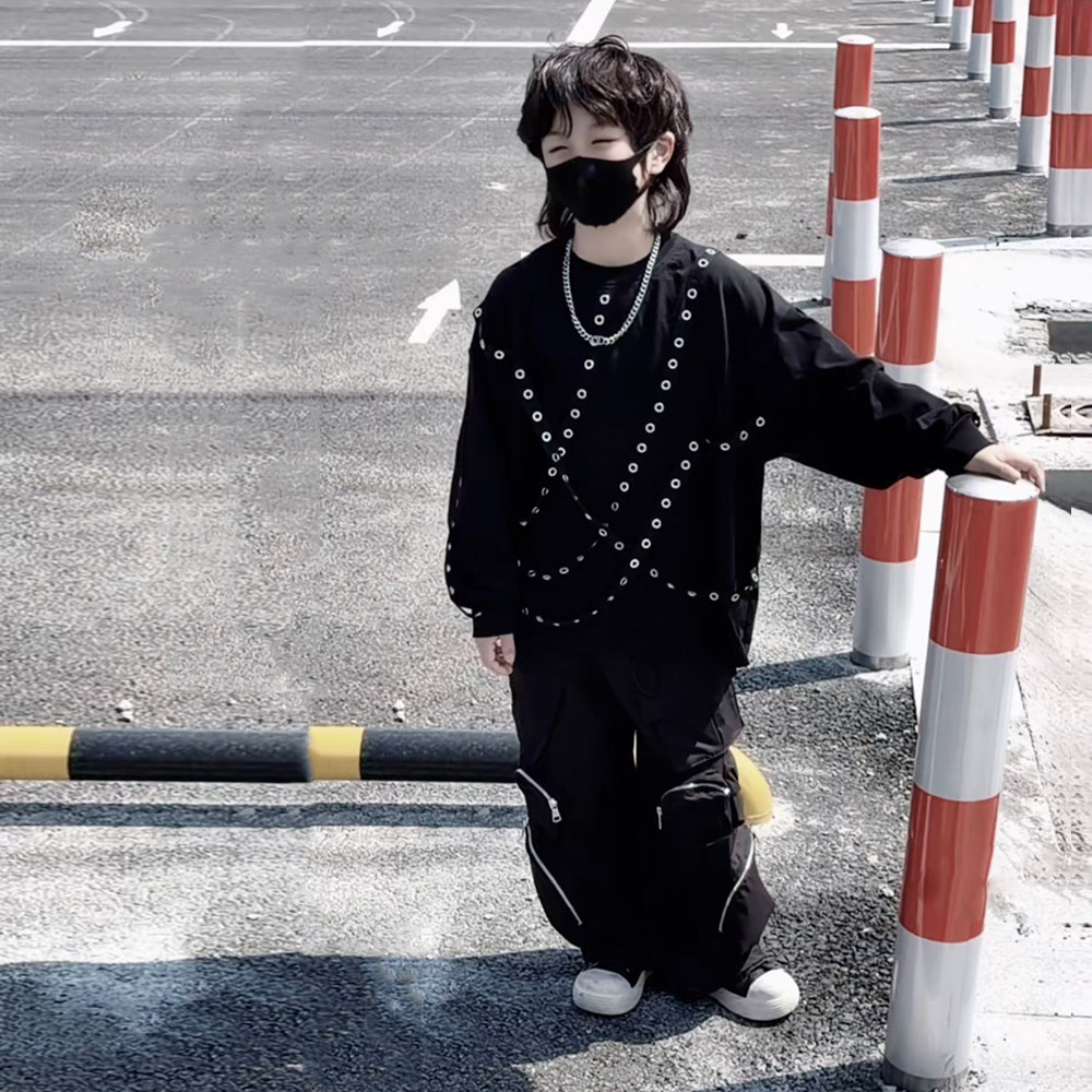 春秋男女童hiphop街舞个性柳钉绑带套头卫衣美式复古嘻哈宽松上衣