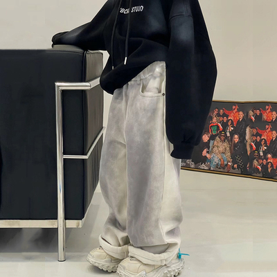 秋冬男童痞帅宽松直筒牛仔脏脏裤