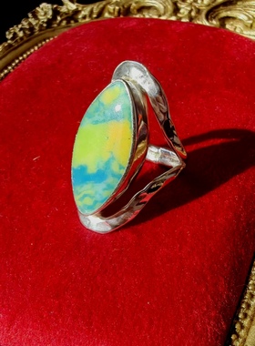 美国手工多彩老琉璃锤纹925纯银戒指环西洋银器中古着首饰vintage