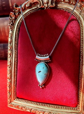 美国回流进口手工炸珠工艺蓝绿松石925纯银水滴吊坠项链中古首饰