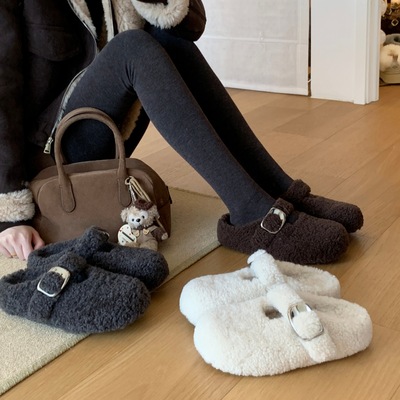 羊羔毛冬日氛围内增高毛毛棉鞋2025拖鞋外穿女加绒博肯鞋玛丽珍鞋