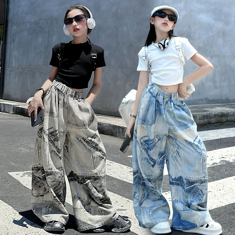 姗姗牛仔裤套装2024新款夏季薄款短袖女孩印花阔腿裤拖地裤两件套