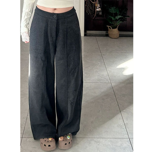 慵懒风深灰色阔腿裤女冬季加绒垂感毛呢裤高腰宽松显瘦弯刀休闲裤