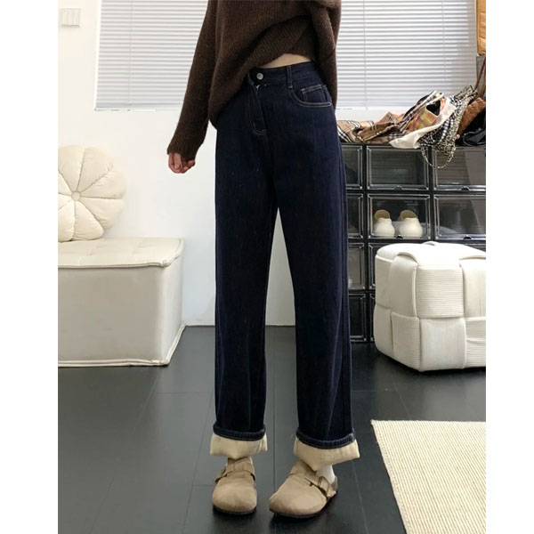 梨型身材深蓝色加绒牛仔裤女秋冬新款高腰显瘦宽松直筒窄版阔腿裤