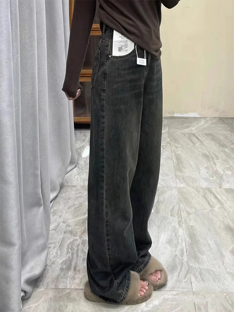水泥灰直筒牛仔裤女秋冬胖妹妹