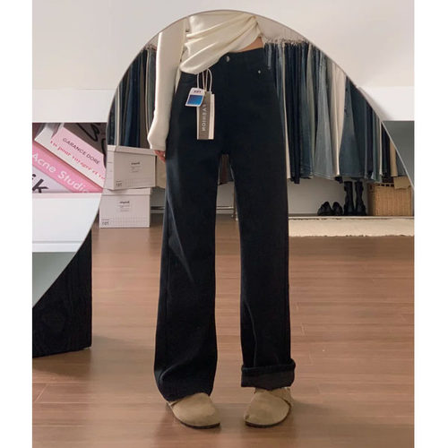 黑色高腰直筒牛仔裤女秋冬加绒大码胖mm显瘦梨型身材窄版阔腿裤子