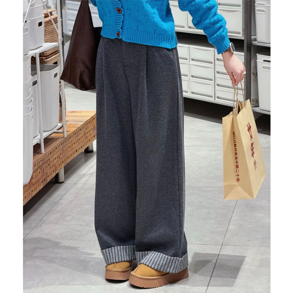 胖mm卷边休闲裤女秋冬今年流行爆款大码加绒裤宽松显瘦毛呢阔腿裤