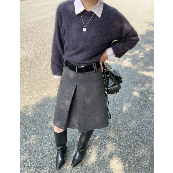 miu系灰色半身裙冬装高级感毛呢短裙女a字大码胖mm遮肚包臀中裙子