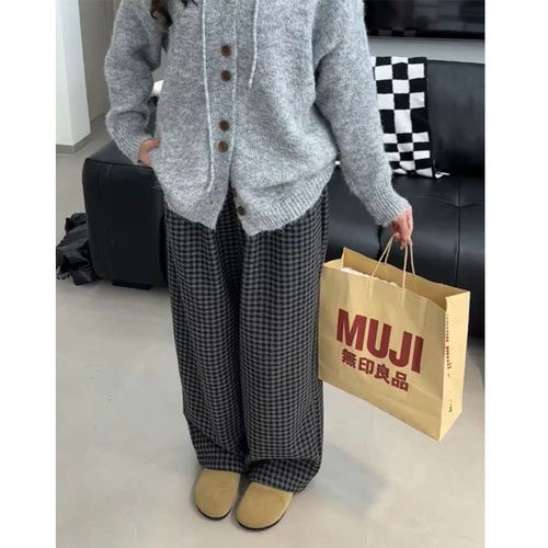 黑灰色复古毛呢阔腿裤秋冬加厚加绒裤子大码女装慵懒风格子休闲裤