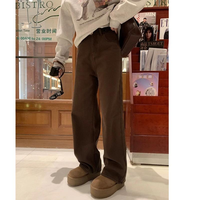咖色直筒牛仔裤大码宽松显瘦