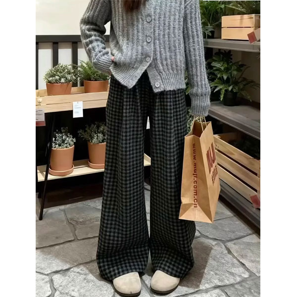 黑灰色格子休闲裤女秋冬加绒大码胖mm宽松显瘦慵懒垂感直筒阔腿裤