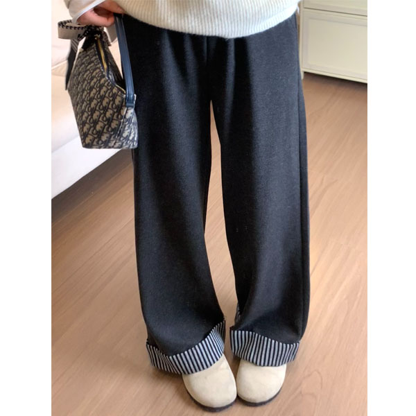 慵懒风卷边加绒阔腿裤女秋冬新款流行爆款大码胖mm显瘦加厚毛呢裤