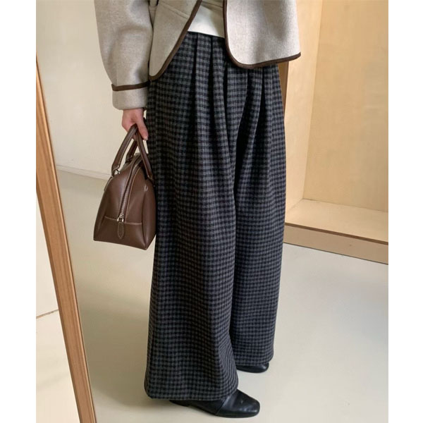 胖mm慵懒风毛呢格子阔腿裤女秋冬加绒宽松显瘦大码松弛感休闲裤子