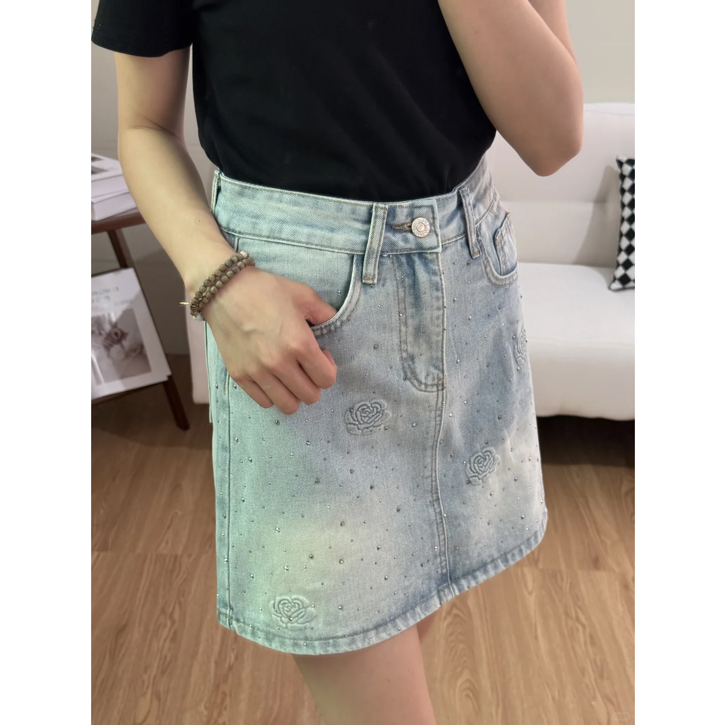 复古玫瑰烫钻牛仔半身裙女夏季薄款大码胖mm高腰显瘦辣妹包臀短裙