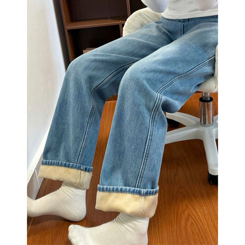 加绒裤子冬季女款梨型身材粗腿宽胯宽松直筒裤大码胖mm阔腿牛仔裤