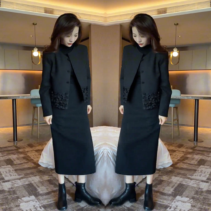 高级感职业通勤套装裙女秋季新款韩版圆领花边西服外套显瘦一步裙