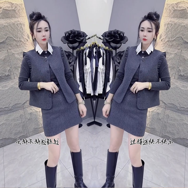 欧货春季时尚爆款三件套女2026年精致洋气打底衫+马甲+短裙套装女