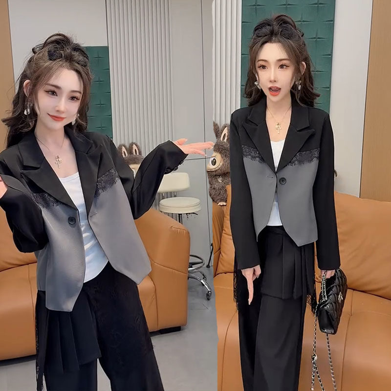 法式高级感时髦韩版气质爆款春季拼色显瘦短款西装外套阔腿裤女装