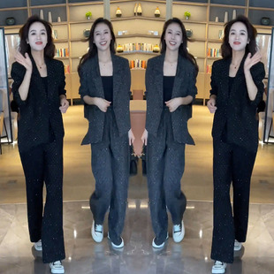 高级气质亮钻西服套装女秋冬新款时髦御姐超好看西服阔腿裤两件套