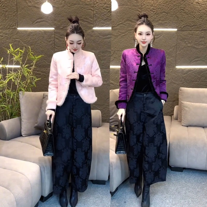 新中式高级感气质优雅套装女2025冬季新款盘扣提花拼毛棉衣阔腿裤,女装/女士精品,棉衣/棉服,淘宝优惠券,粉丝福利购,淘宝优惠卷