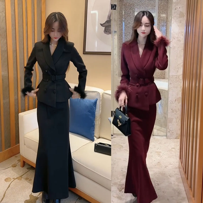 欧货气质穿搭一整套女2025冬新款高级感简约修身外套鱼尾裙两件套,女装/女士精品,礼服/晚装,淘宝优惠券,粉丝福利购,淘宝优惠卷