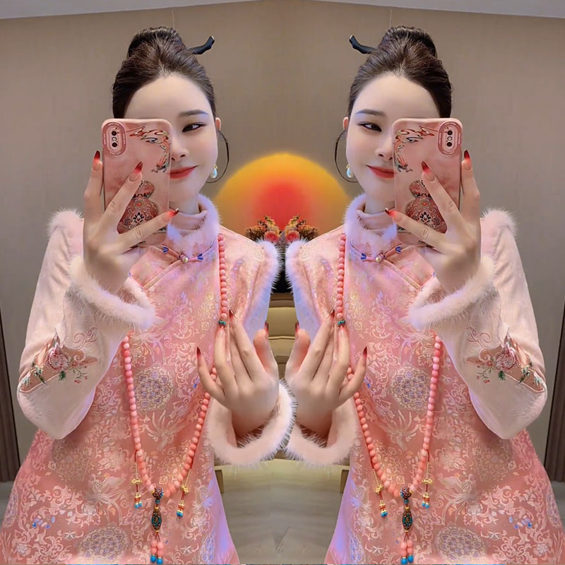 立领盘扣提花拼毛马甲裙刺绣小衫