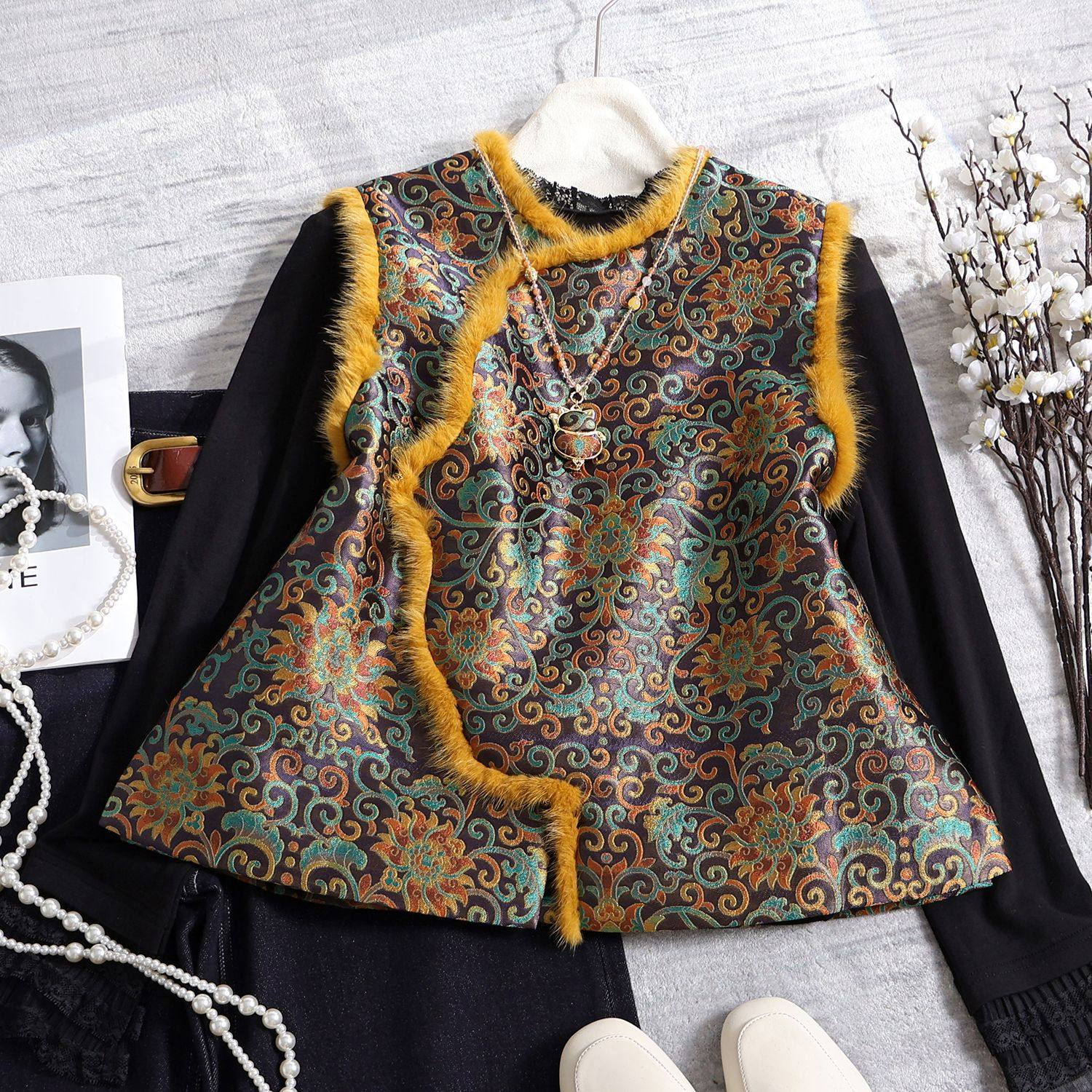 南油加棉保暖桑蚕丝琉璃丝貂毛马甲新中式国风时尚坎肩背心外套