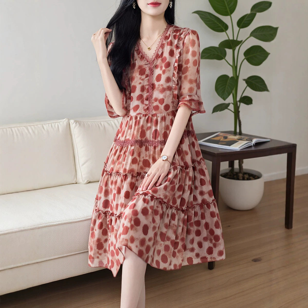 重磅真丝连衣裙女小个子100%桑蚕丝酒红色波点收腰裙子69586