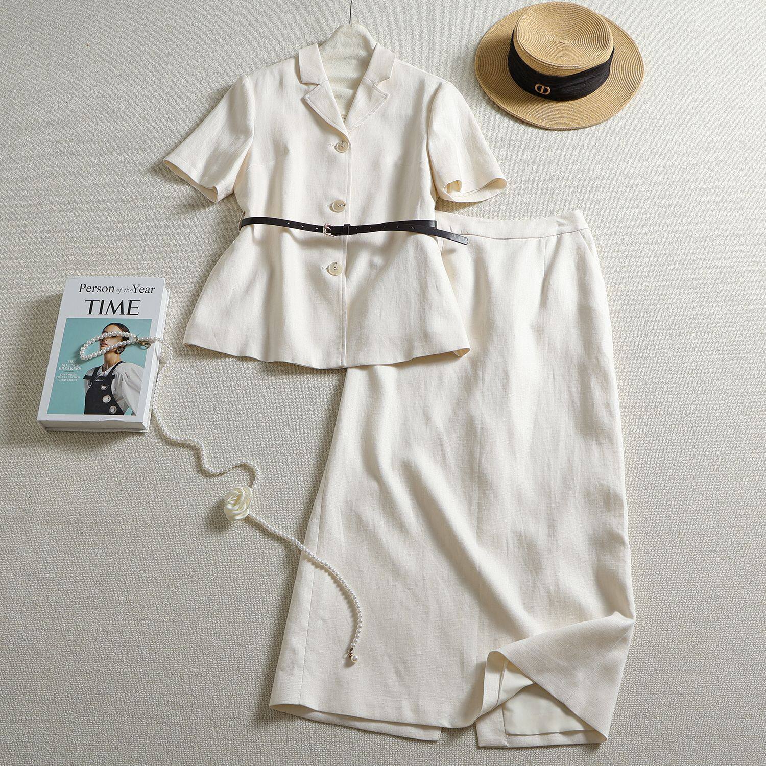南油亚麻时尚套装女夏两件套气质通勤翻领腰带短袖上衣松紧腰半裙