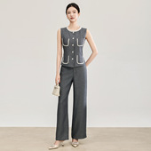 女春季 套装 气质阔腿裤 深圳南油通勤千金感钉珠圆领天丝麻马甲