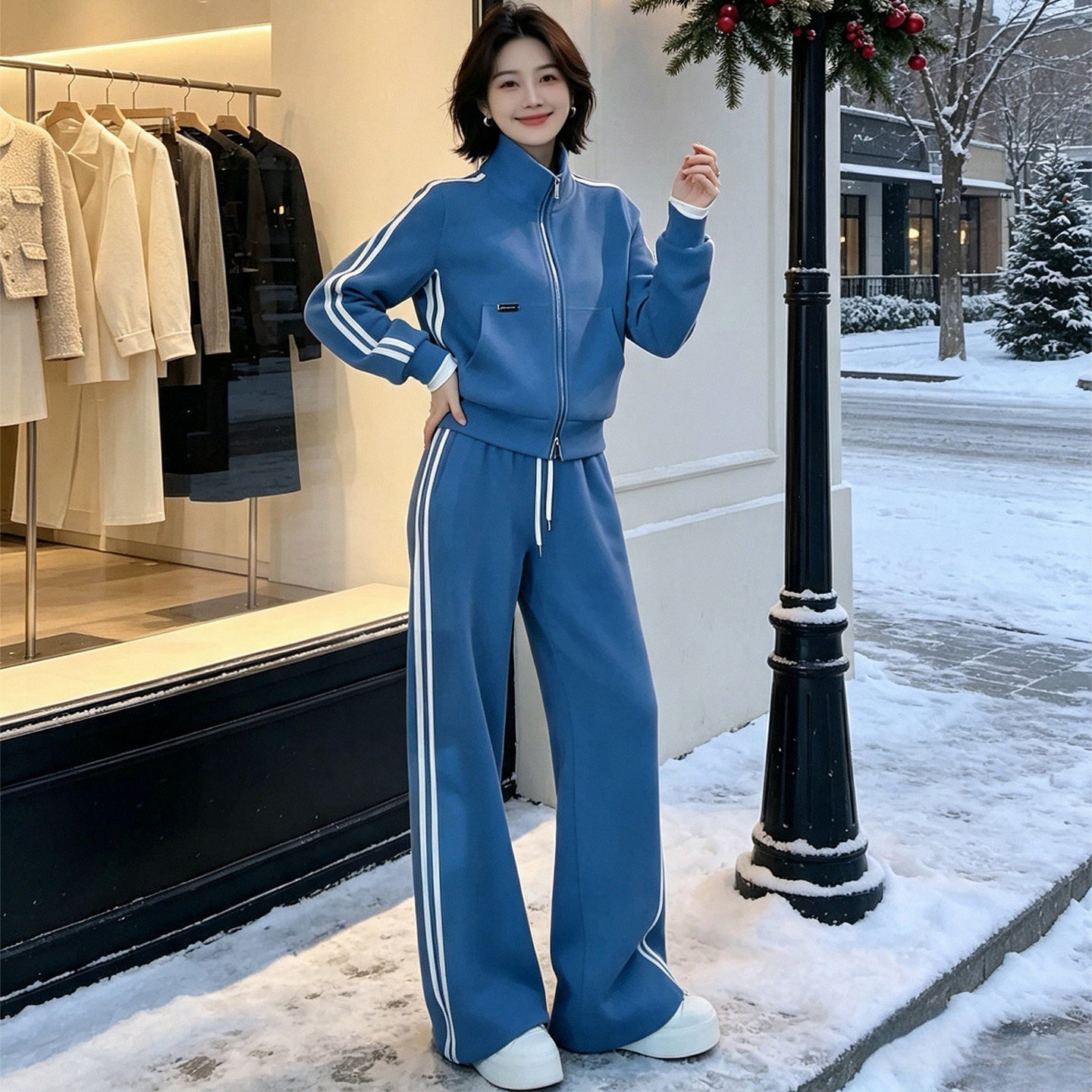 秋立领拉链卫衣阔腿裤运动套装女