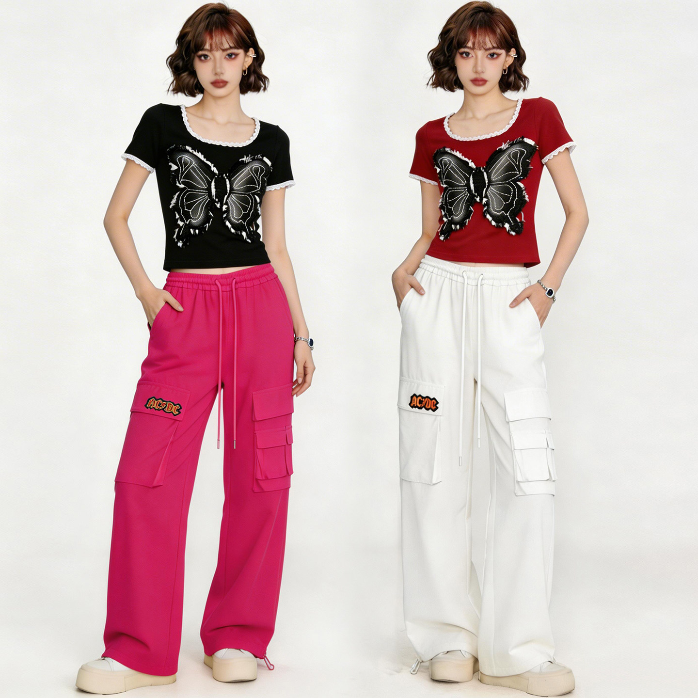 超好看蝴蝶短袖广场舞运动套装女夏高腰速干阔腿工装裤跳舞两件套