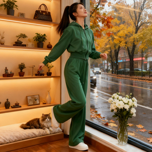 多巴胺连帽拉链短款卫衣休闲运动套装女秋冬高腰垂感阔腿裤两件套