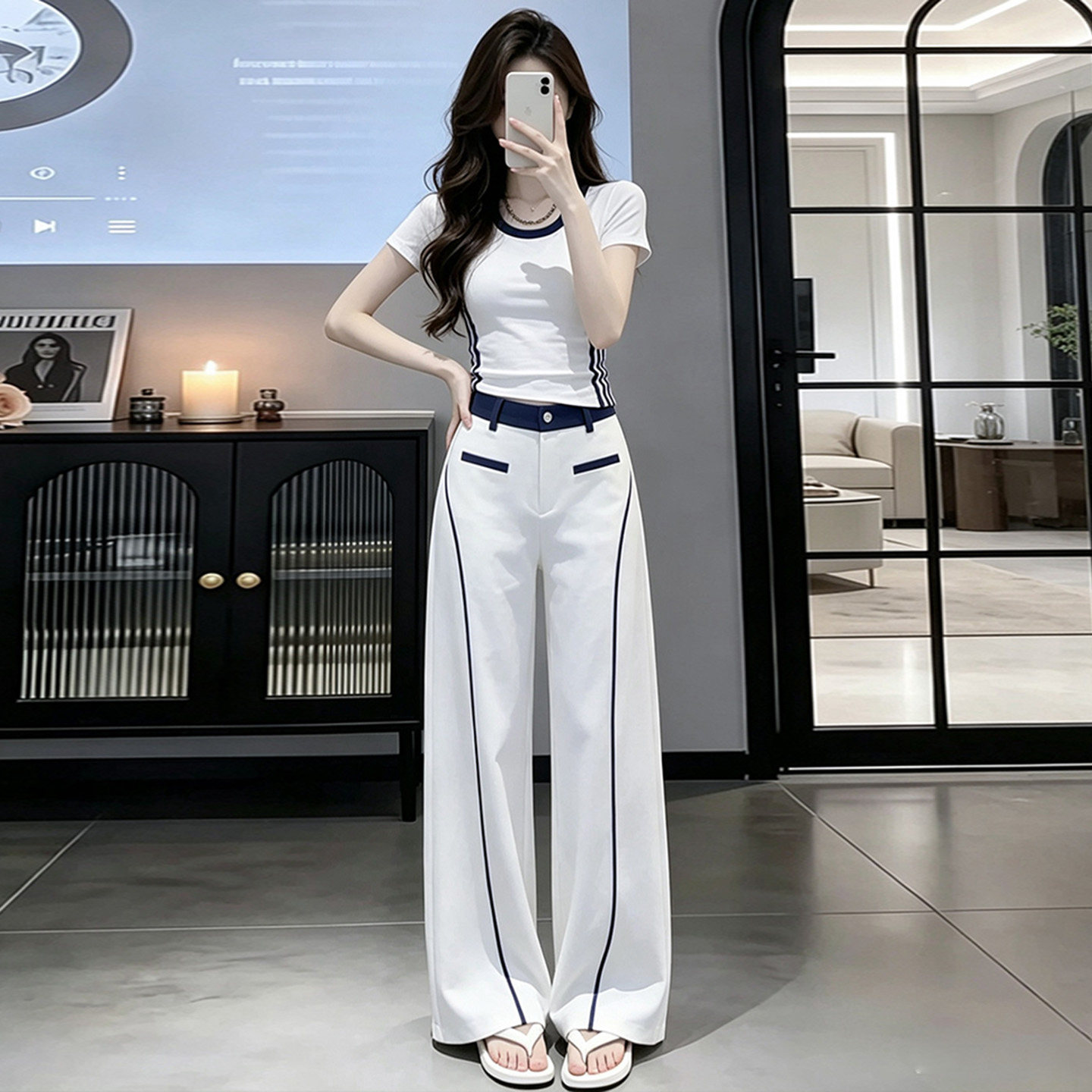 撞色圆领阔腿裤高尔夫球服套装女