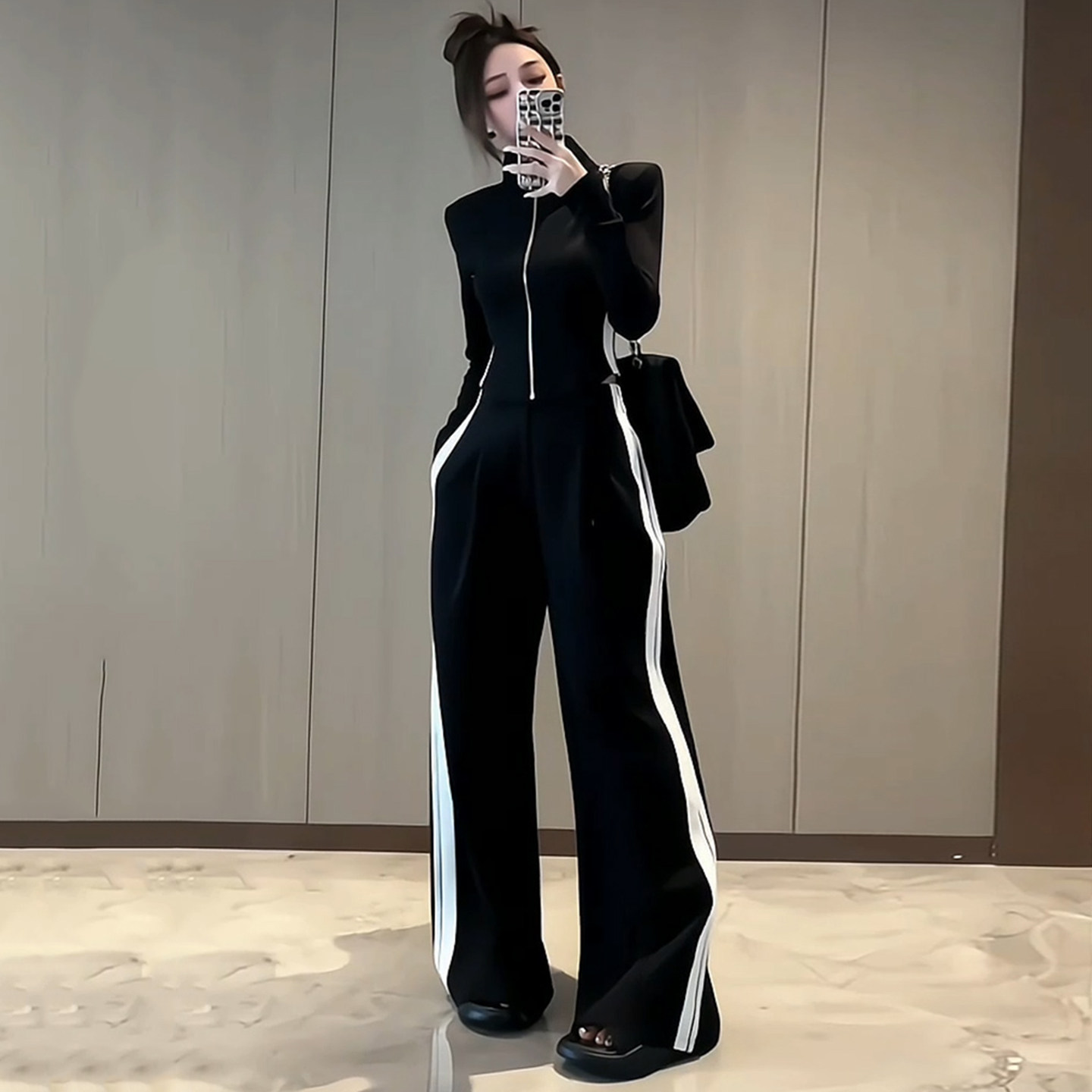 早秋立领拉链卫衣阔腿裤两件套女
