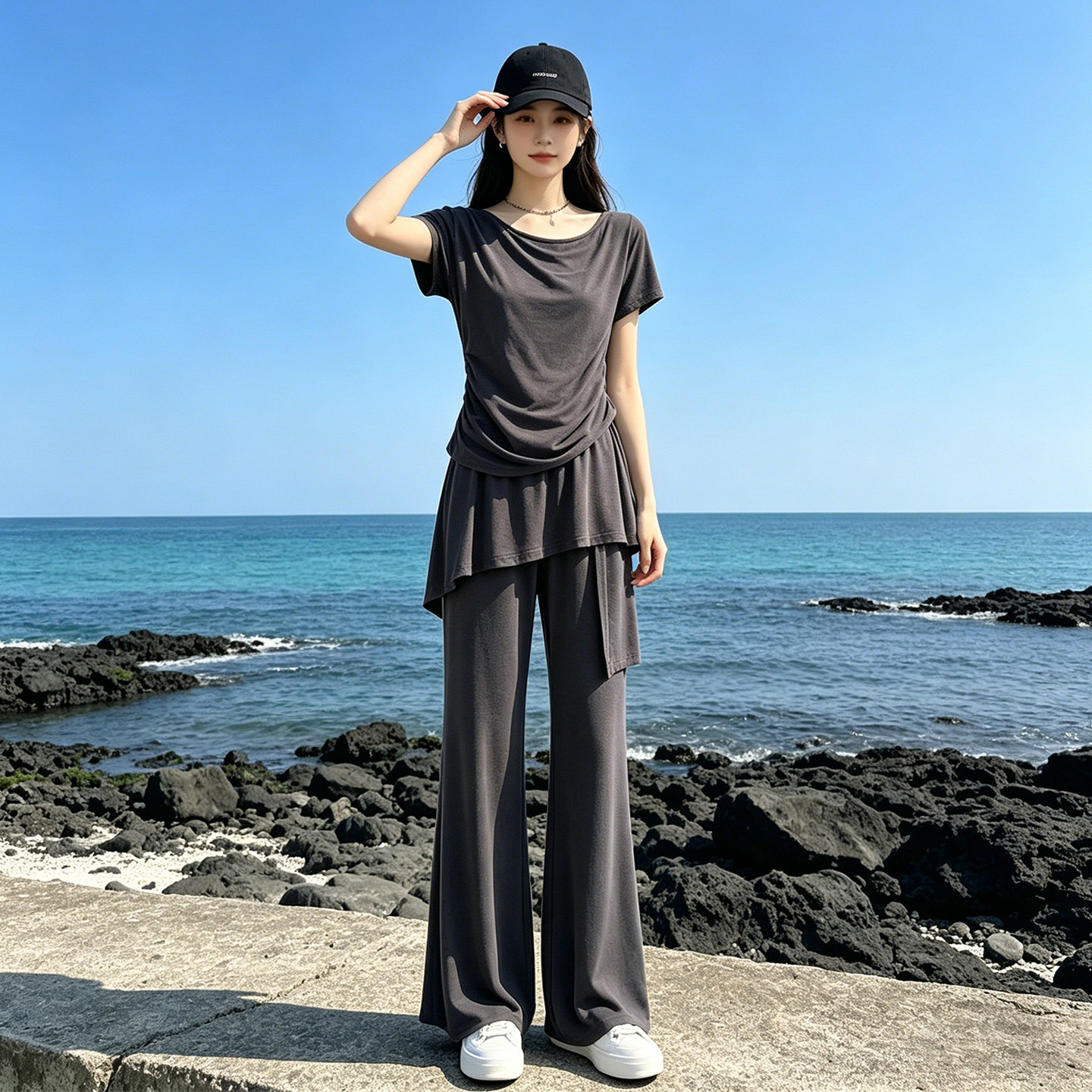 辣妹不规则叠穿屁帘瑜珈服运动套装女夏显瘦短袖垂感阔腿裤两件套