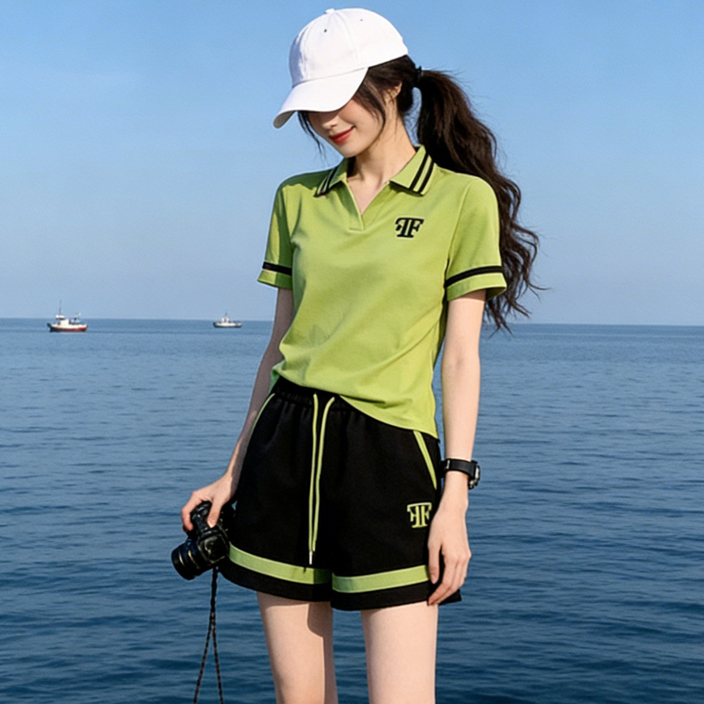 高尔夫POLO领修身绣花短袖运动套装女夏纯棉撞色短裤网球服两件套