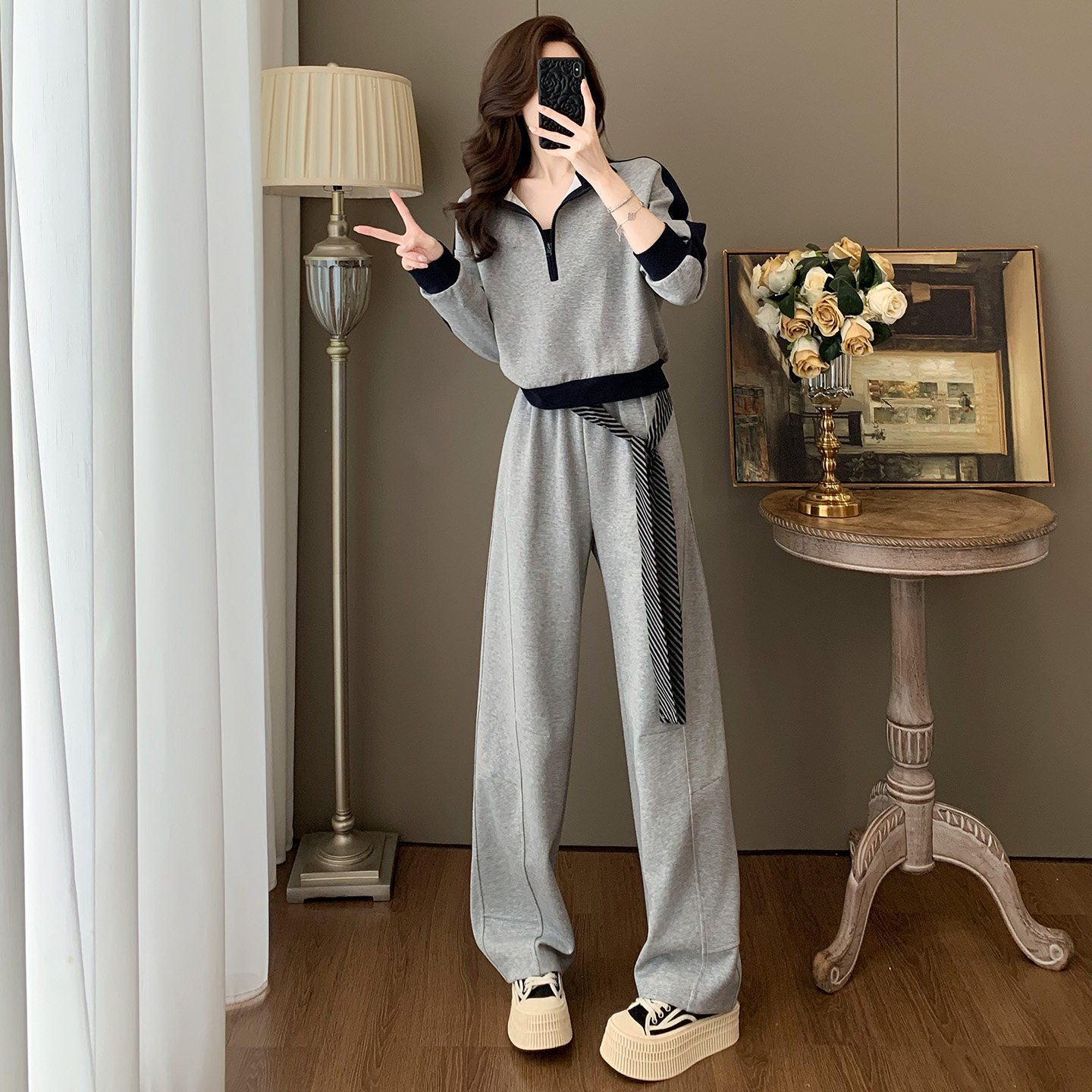 慵懒风撞色立领卫衣阔腿裤套装女