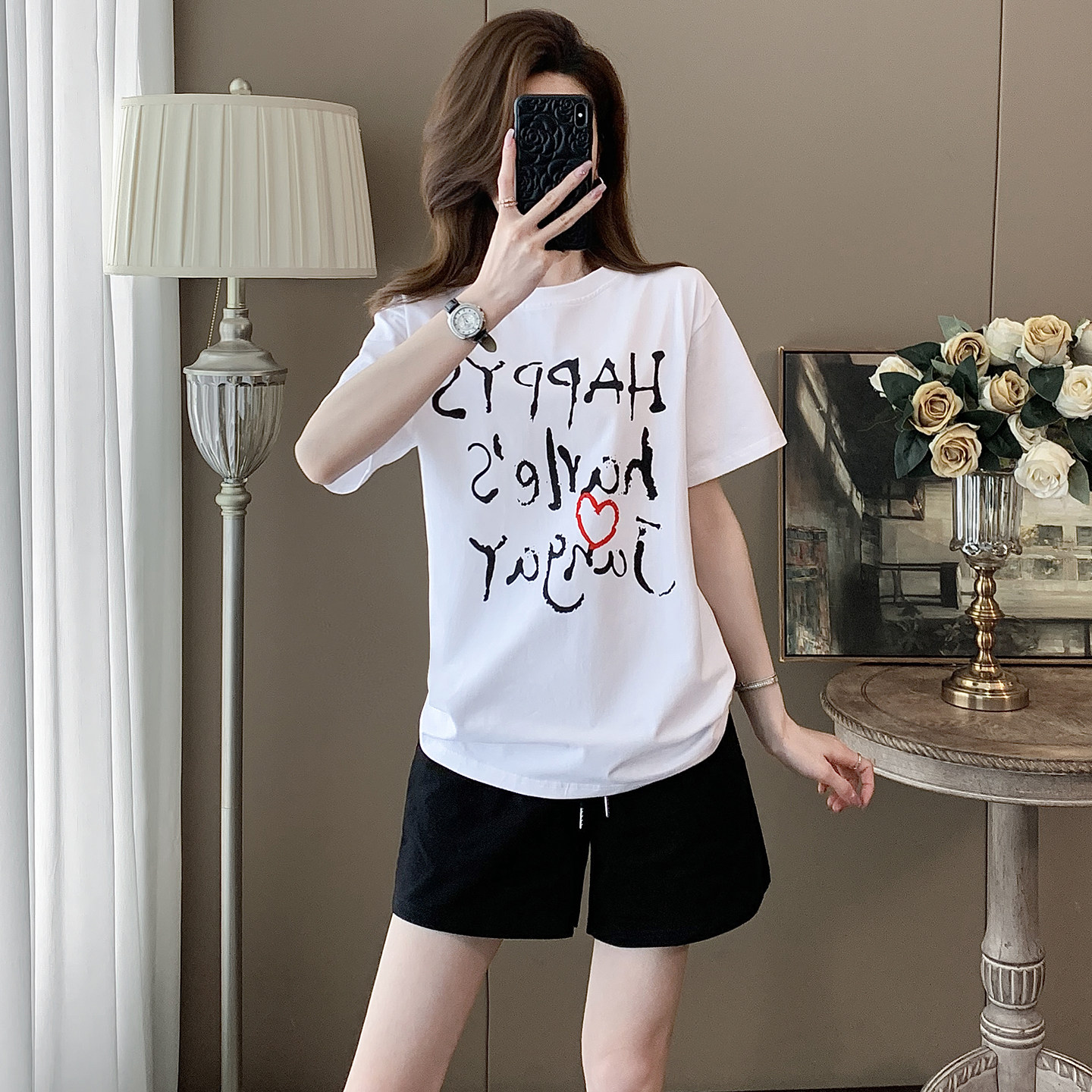 美式字母短袖羽毛球服运动套装女夏季宽松遮肉吸汗短裤休闲两件套