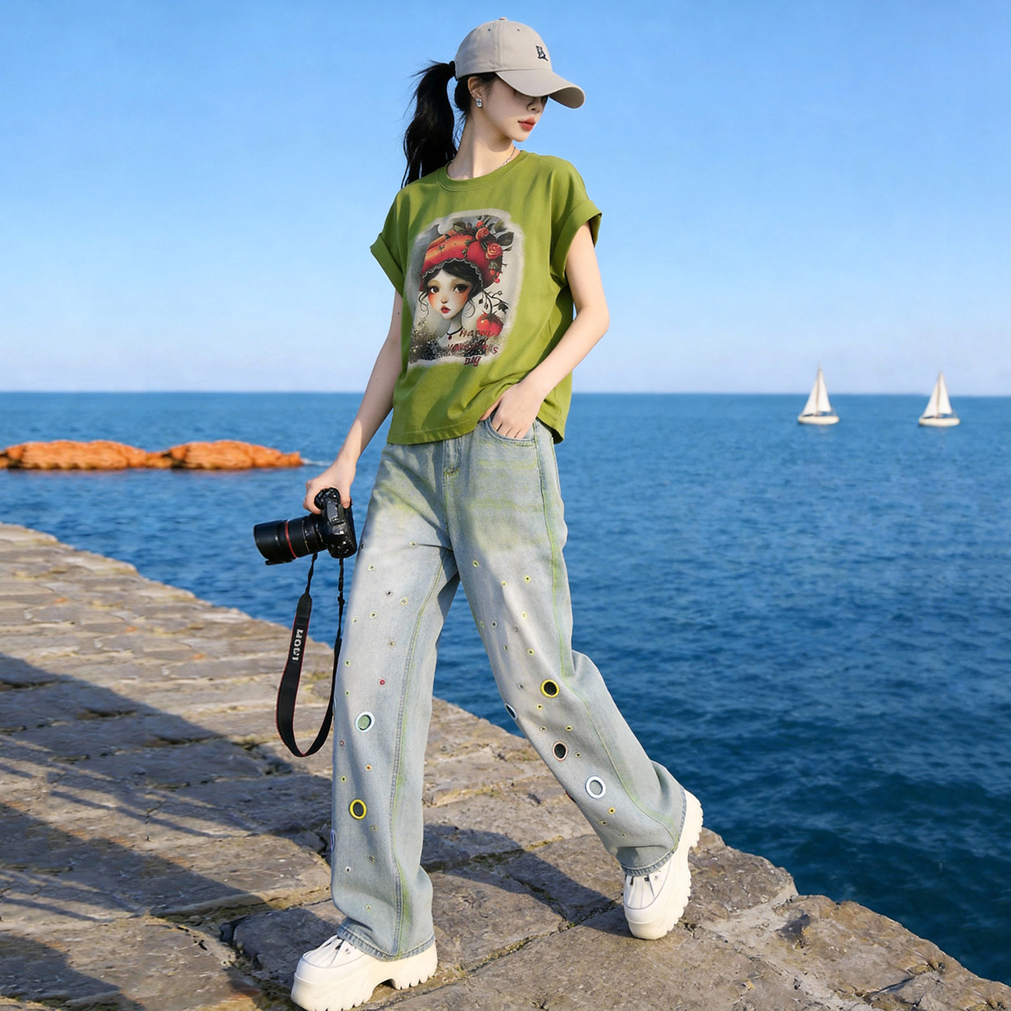 美式复古印花短袖T恤时尚套装女夏潮流镂空阔腿牛仔裤穿搭一整套