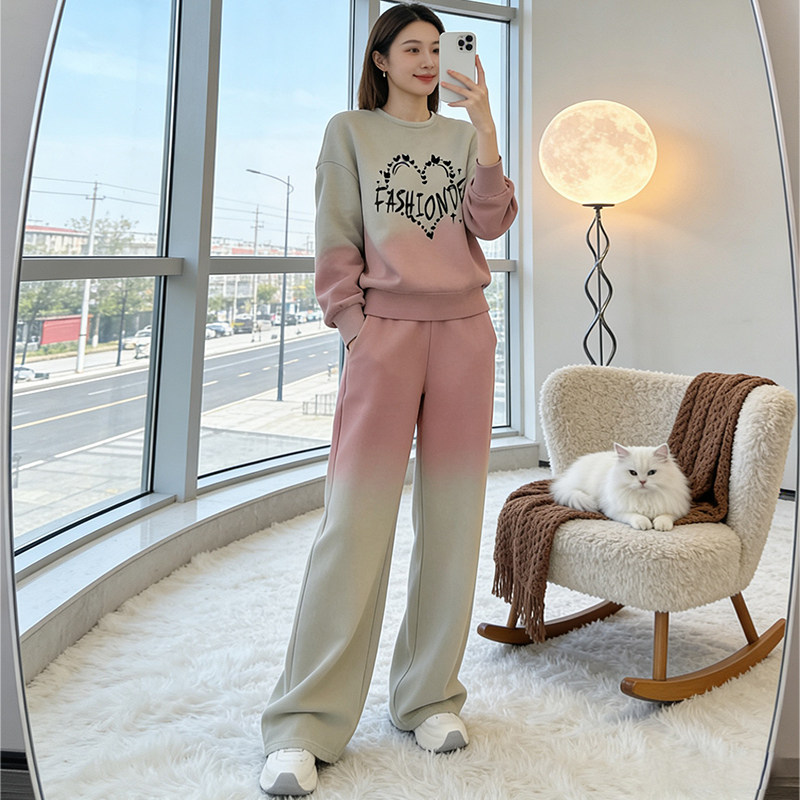 春秋渐变色卫衣阔腿裤运动套装女
