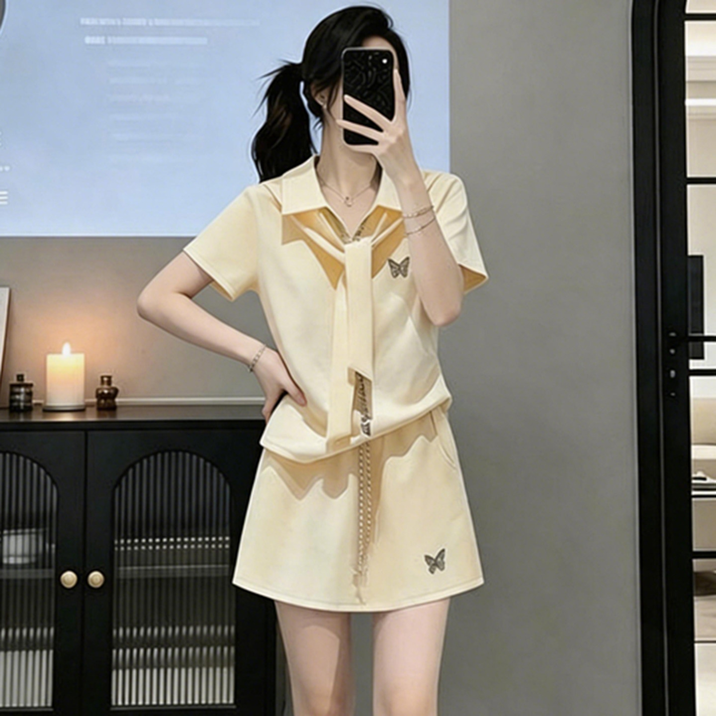 翻领蝴蝶短裤防走光短裙时尚套装