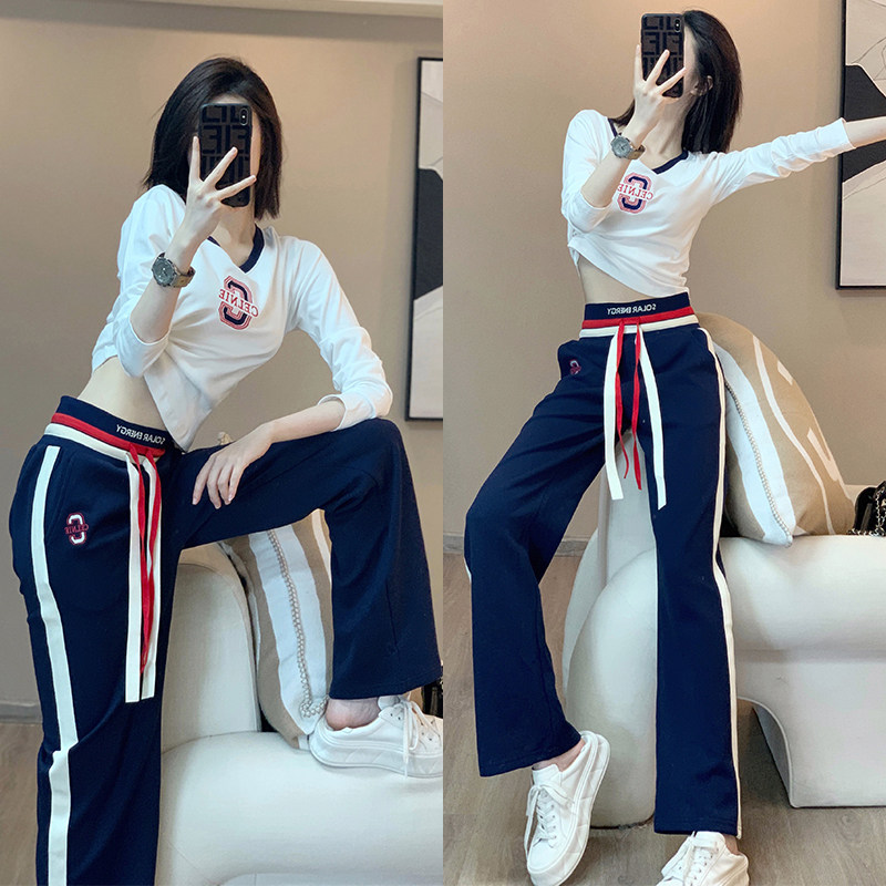 春秋长袖高腰阔腿裤跳舞运动套装
