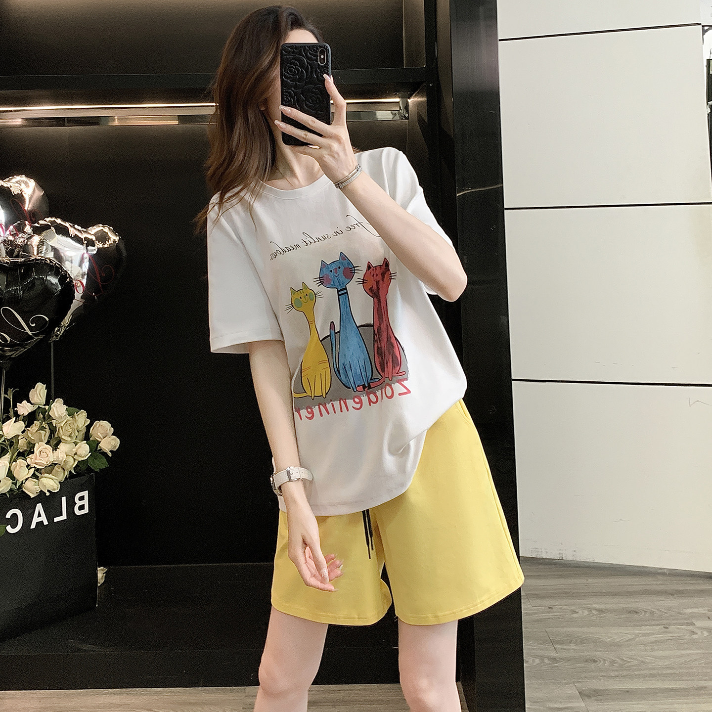 猫咪印花短袖黄色短裤居家服套装