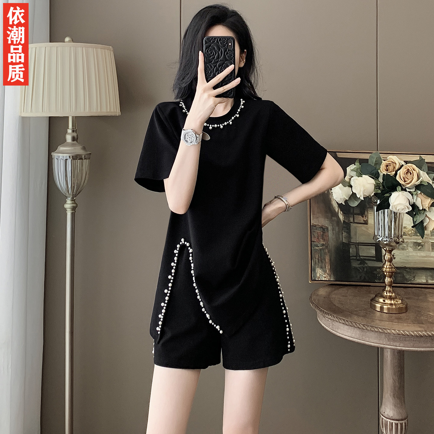 高档钉珠中长短袖短裤时尚套装女