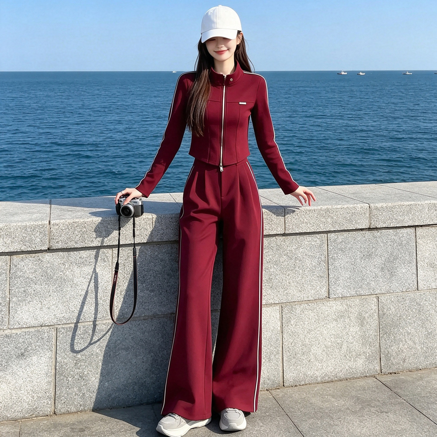 秋晨跑立领修身卫衣阔腿裤套装女