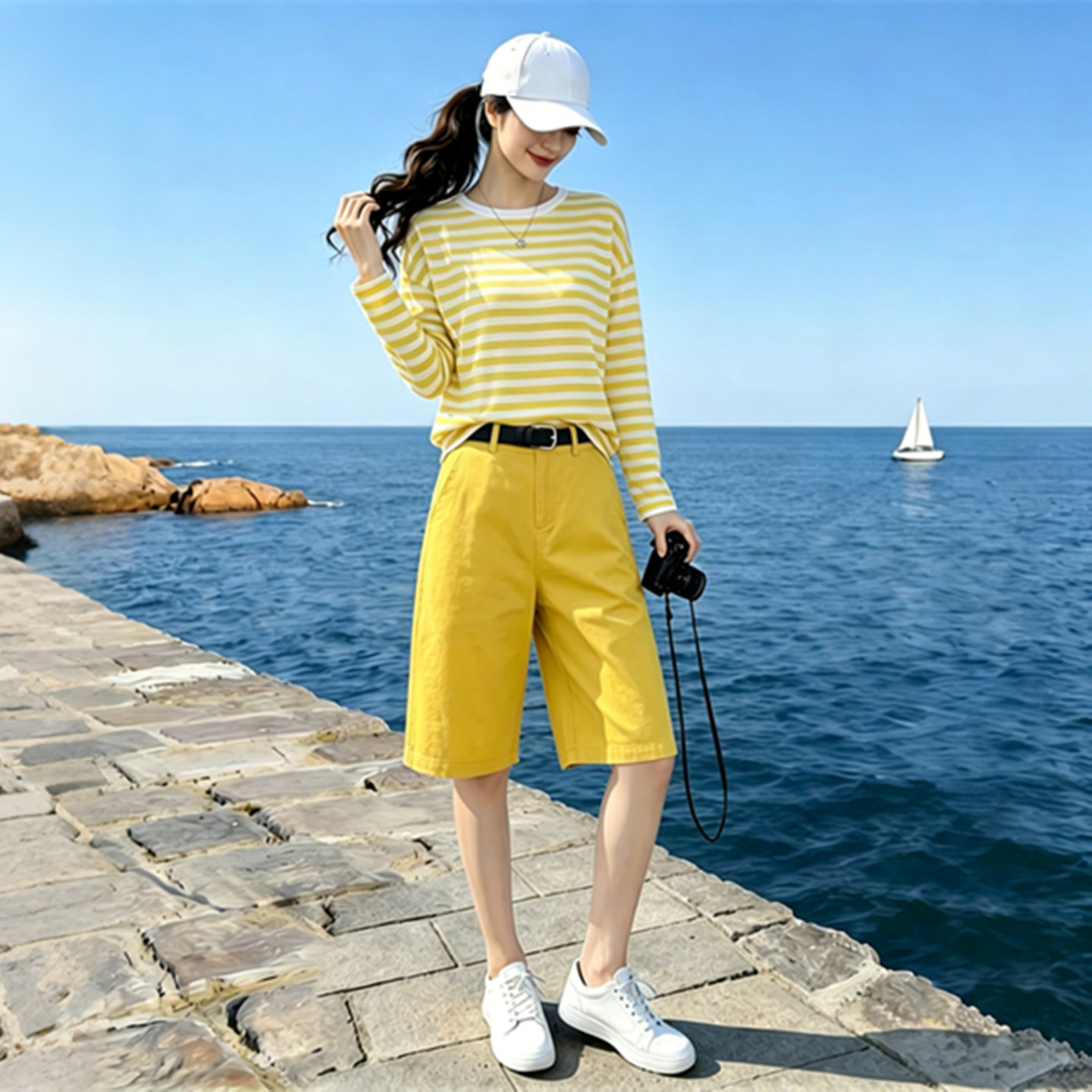 夏条纹长袖防晒衫中裤休闲套装女